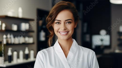 A smiling charming qualified cosmetologist, doctor, dentist smiles at you, inviting you to her clinics. photo