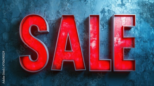 The word "SALE" in bold red neon letters against a distressed blue concrete wall, giving a strong and urgent vibe.