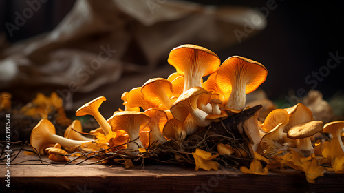 Macro of chanterelles mushrooms, vegan and healthy food, plant-based alternative proteins. Generative AI