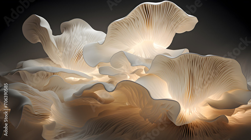 Macro White Oyster Mushrooms, plant-based alternative proteins. Generative AI photo