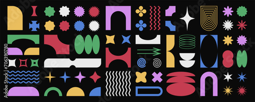 Abstract retro shapes, basic brutal forms and figures in Y2K aesthetics, vintage stickers, logos, labels. Decorative design elements, vector illustration.
