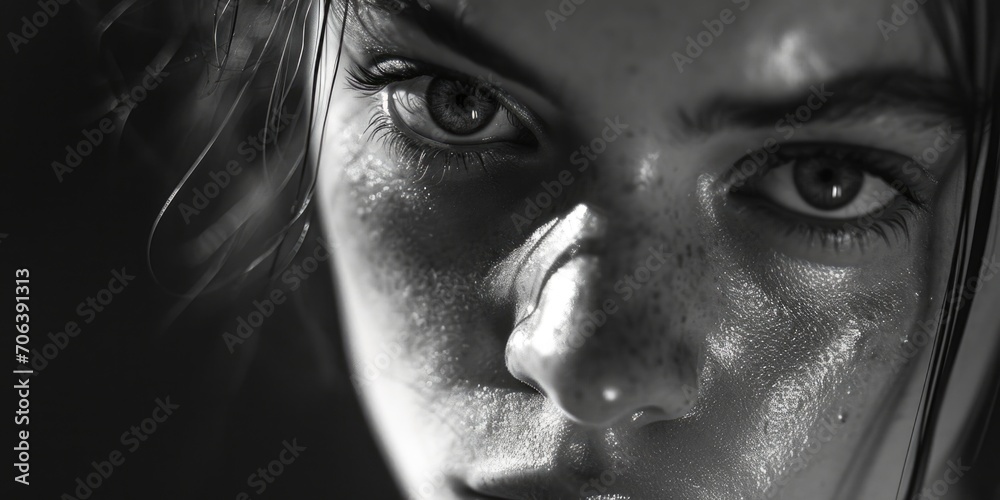 Obraz premium A black and white photo capturing the face of a woman