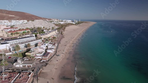 The drone aerial footage of Morro Jable and Playa del Matorral in Fuerteventura Island, Spain. Morro Jable is the most populated town in the municipality of Pájara in the south of Fuerteventura.