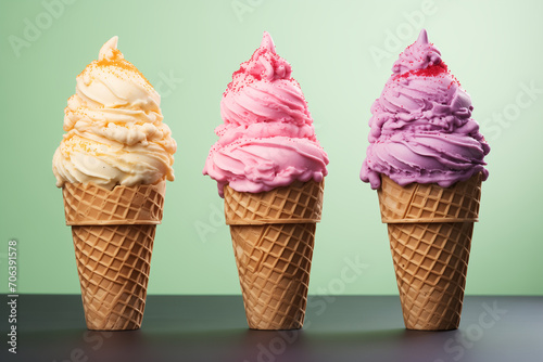 ice cream cone. A dark background showcases cone cups filled with rolled ice cream in different flavors, either viewed from the top or laid flat. Originating from Thailand, this style of ice cream