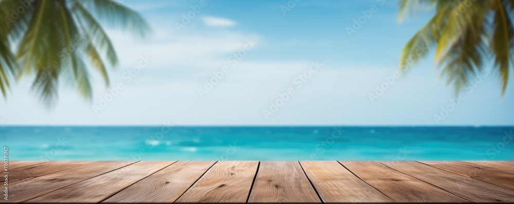 blank wooden table on tropical palm beach background banner blank wooden table on tropical palm beach background banner