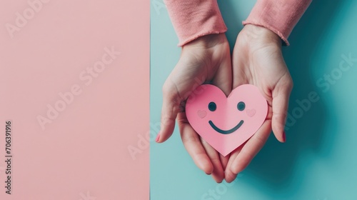 Hand Holding a Pink Paper Smile Symbolizing Emotional Mental Health and Love on a Blue Background, Top-down view, Heart-Shaped Smiley, Support Positivity, Wellness, and Happiness Concept