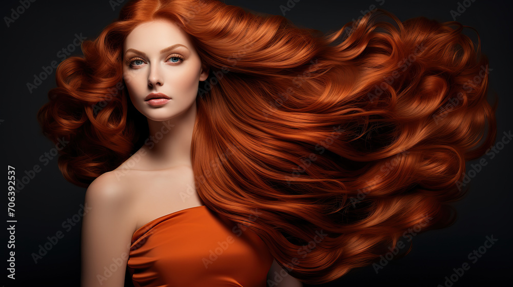 Fototapeta premium Elegant female model with long flowing red hair and flawless skin.