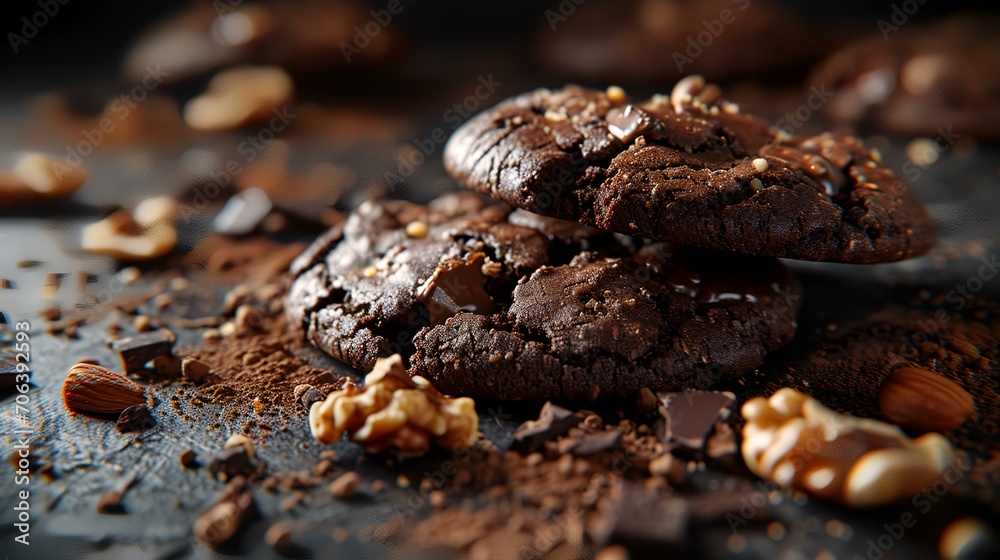 Chocolate cookies with nuts and cocoa powder on a dark background.