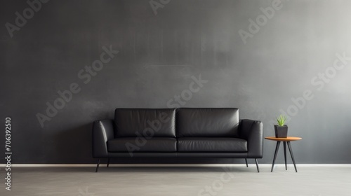 A minimalist living room with a single black leather AI generated illustration © ArtStage