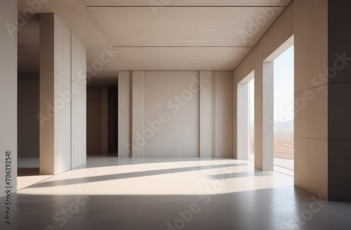 elegant interior in minimalistic style. Empty room with grey walls  concrete floor and sunlight.