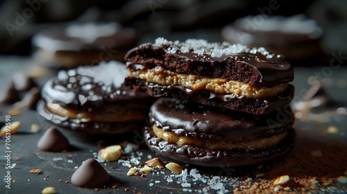 Chocolate cookies with chocolate glaze and nuts on a dark background