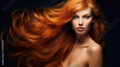 Stunning Woman with Vibrant Flowing Red Hair Studio Shot
