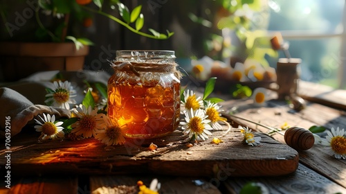 A jar of honey with chamomile flowers on a wooden table