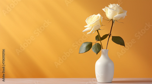 White rose in a white vase on yellow background, valentine background with rose, flower backdrop