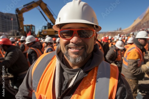 smiling construction worker in an orange vest with reflective stripes and a white helmet on a construction site against the background of construction equipment and a clear sky