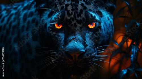 Portrait of a black jaguar with blue eyes under lights