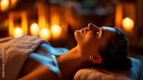 Woman relaxing during spa treatment with ambient candlelight. Shallow field of view. 