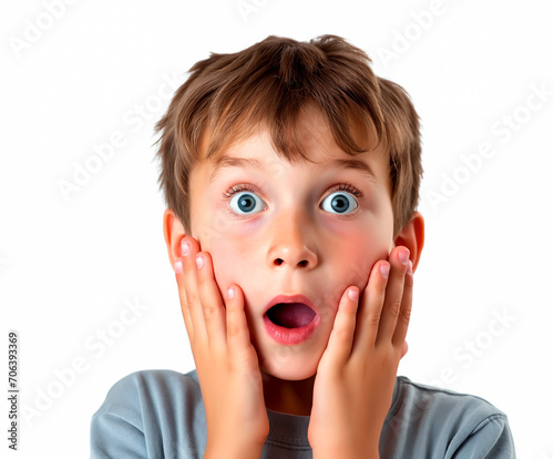 Surprised young boy with hands on face isolated on white background. 
