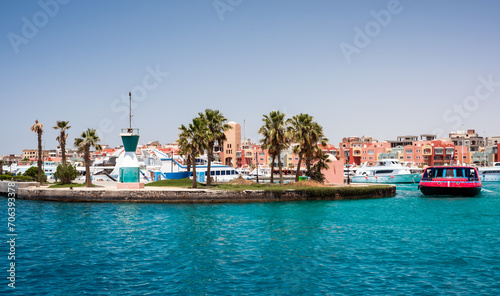 many ships in the Hkrgada Marina in Egypt