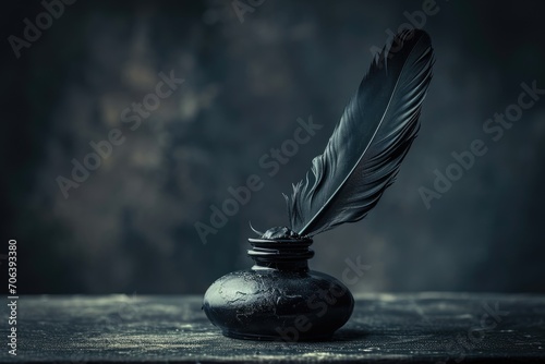 A single black feather quill in a dark inkwell photo