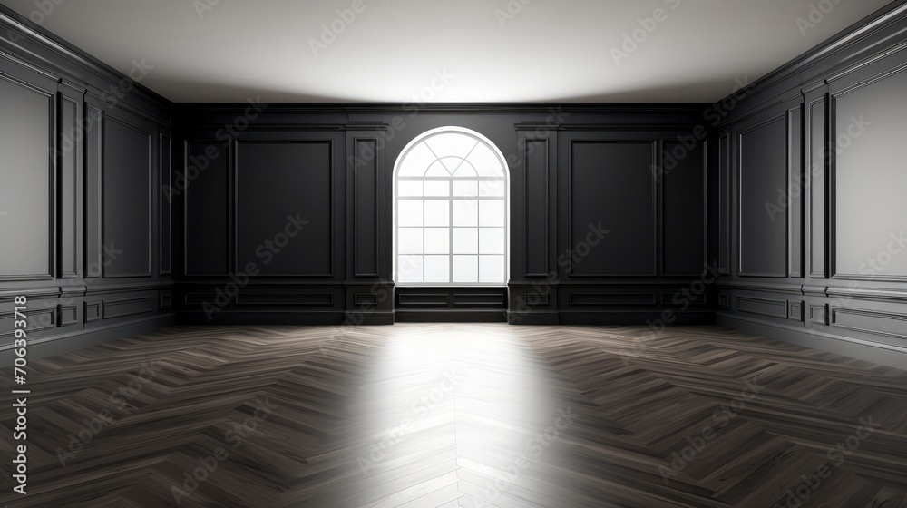 Black and white empty hall with hardwood flooring AI generated illustration Black and white empty hall with hardwood flooring AI generated illustration