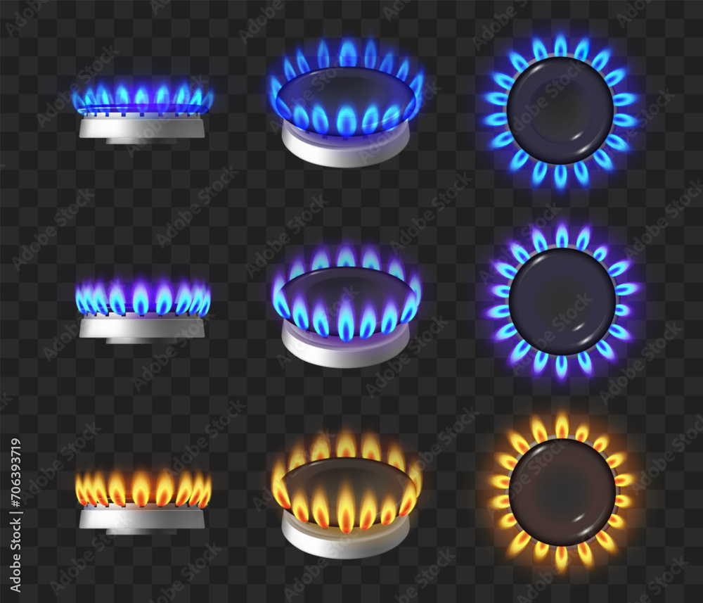 Gas burner with flames, cooktop hob. Glowing fire ring on kitchen stove burning propane butane in oven for cooking. Vector isolated appliance with fire for preparing food, transparent background
