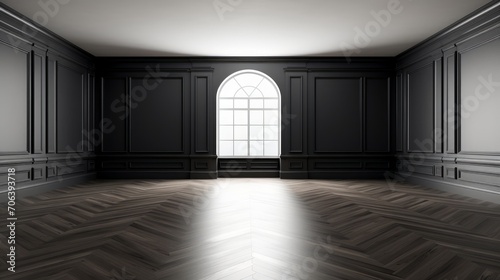 Black and white empty hall with hardwood flooring AI generated illustration