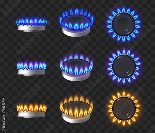 Gas burner with flames, cooktop hob. Glowing fire ring on kitchen stove burning propane butane in oven for cooking. Vector isolated appliance with fire for preparing food, transparent background photo