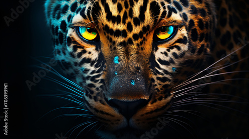 Leopard face close up with blue eyes