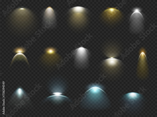Realistic wall lamp light effect with rays and bulbs. Vector isolated illumination shining and glowing for interior or products showcase. Spotlight for stage or shop, scene with sconces