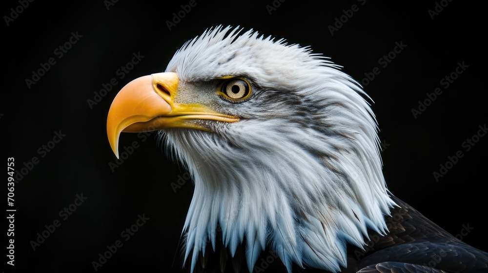 Fototapeta premium A close-up photograph of a majestic bald eagle with a black background. Perfect for nature enthusiasts and wildlife lovers.