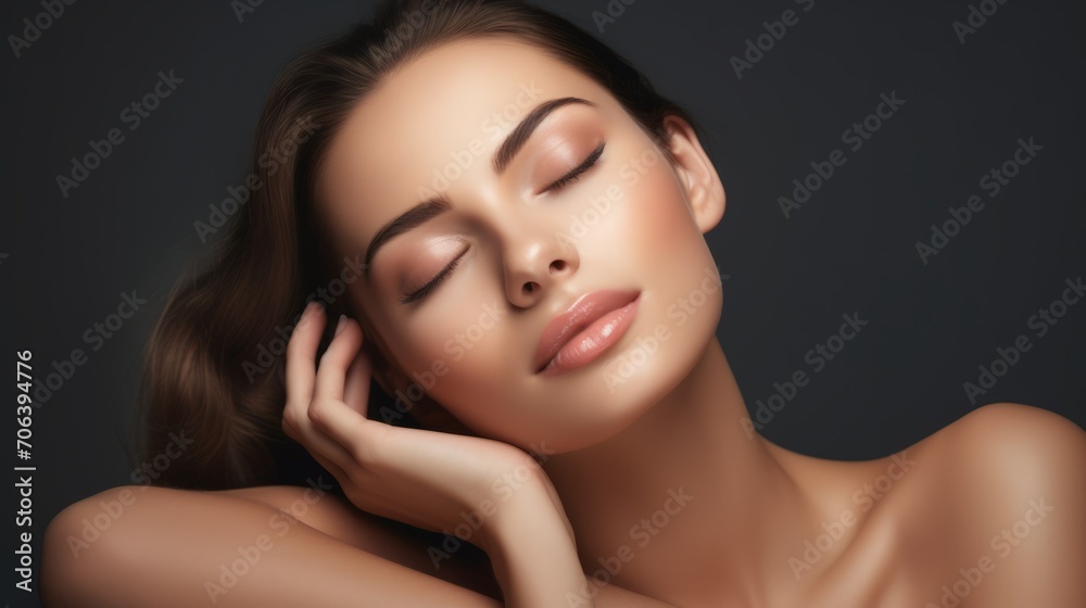 A beautiful attractive young woman touches her skin after a cosmetic procedure on a gray background. Spa, natural beauty, make-up, cosmetics and care concepts