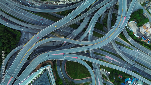Aerial view of the expressway in Malaysia in the city of Kuala Lumpur, Penchala link. A birds eye view of a confusing traffic intersection. Architecture and urban planning of the capital. photo