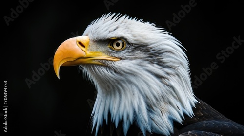 A close-up photograph of a majestic bald eagle with a black background. Perfect for nature enthusiasts and wildlife lovers.