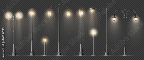 Classic and modern lights on column for town and city streets. Vector isolated lamps with glowing illumination on road or sidewalk. Lanterns on metal posts, old lighting for nights and evenings