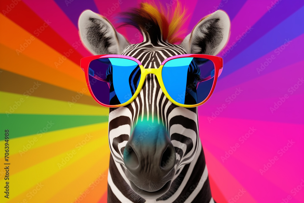 close up of zebra face. Colorful Zebra. Rainbow colors. Multi colored painted zebras. Funny zebra with glasses. Portrait of an african zebra wearing sunglasses and a striped suit isolated on a rainbow