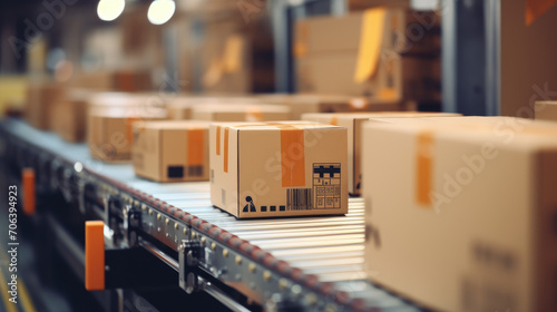 Closeup of multiple cardboard box packages seamlessly moving along a conveyor belt in a warehouse fulfillment center, a snapshot of e-commerce, delivery, automation, and products © moon