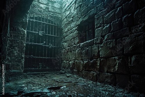 A dimly lit room with a barred door. Suitable for depicting mystery, imprisonment, or escape scenarios. Ideal for use in crime, thriller, or horror-related projects photo