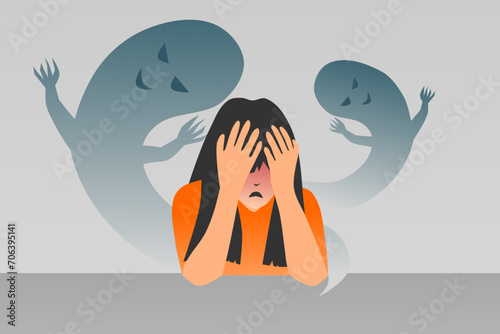 Fear, panic, phobia, frustration attack concept. Frightened woman with scary shadow ghosts in background. Vector illustration.