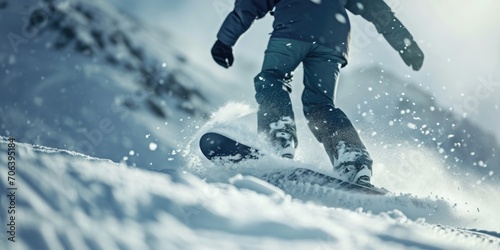 A man riding a snowboard down a snow covered slope. Perfect for winter sports and outdoor adventure themes