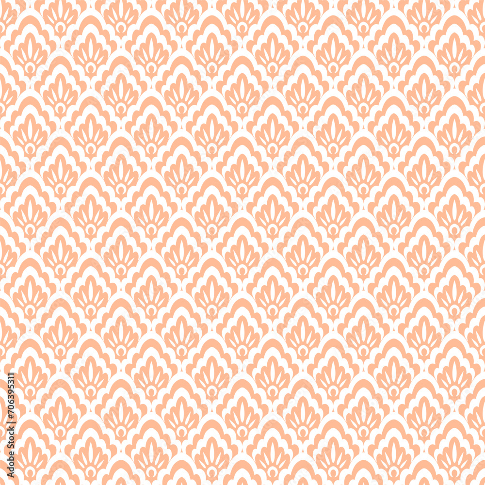 white delicate lace type damask monochrome seamless pattern on light peach background
