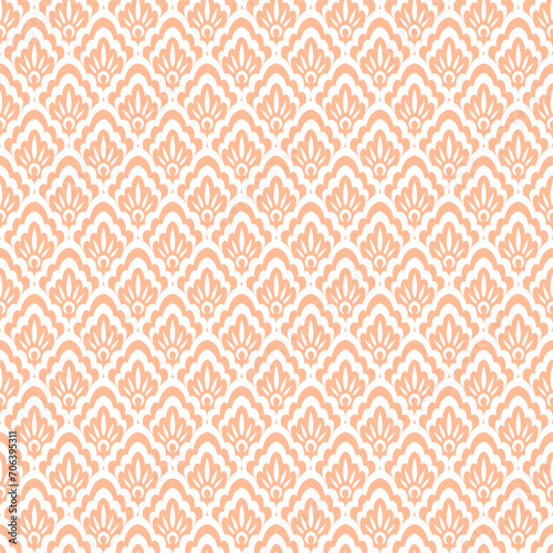 white delicate lace type damask monochrome seamless pattern on light peach background