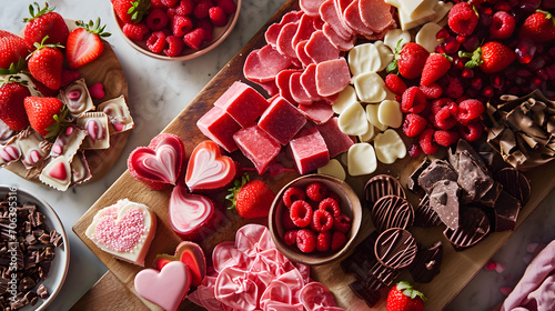 Comprising sweets, strawberries, chocolate, and cookies, a Valentine's Day charcuterie board is crafted to offer a traditional and romantic snack for the holiday. Heard shapes, generative AI photo