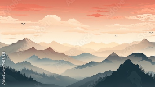 Majestic sunset silhouette over rugged mountains landscape