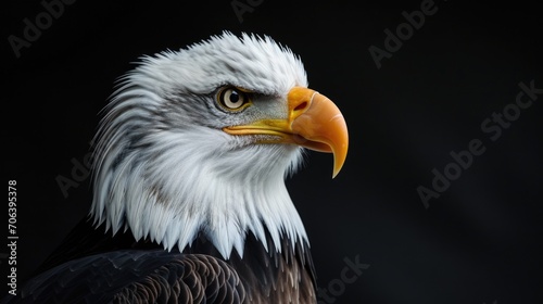 A close up shot of a majestic bald eagle with a black background. Perfect for nature enthusiasts and wildlife photographers