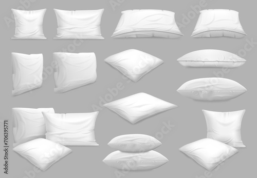 Comfortable cushion for sleep, rest and relax. Vector isolated pillows with pillowcases and feather or synthetic filling. Side and front view of bedding for bedroom, fluffy and organic fabric photo
