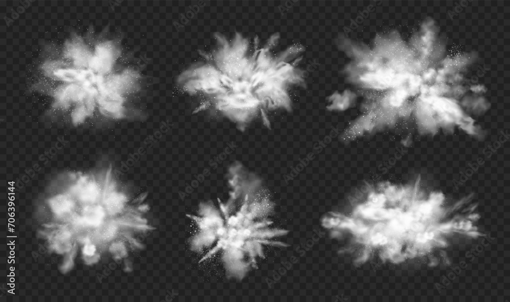 White powder explosion with dirt and cloud of smoke. Vector isolated splash or splatter of flour or sand with particles. Flying dusty burst on transparent background, realistic haze effect - obrazy, fototapety, plakaty 