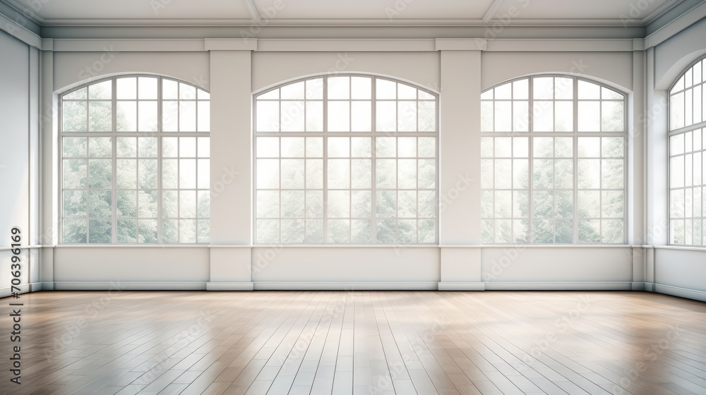 Empty room with large windows and empty wall space  AI generated illustration