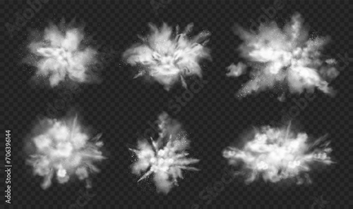 White powder explosion with dirt and cloud of smoke. Vector isolated splash or splatter of flour or sand with particles. Flying dusty burst on transparent background, realistic haze effect photo