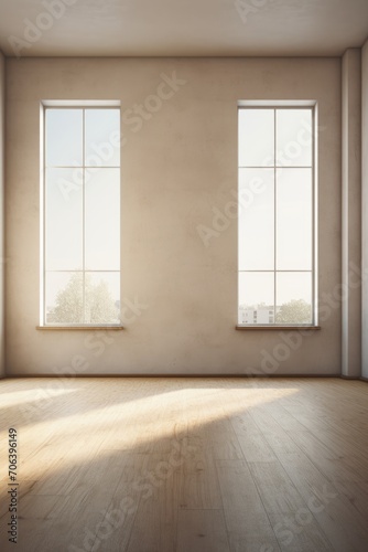 Empty room with large windows and empty wall space AI generated illustration